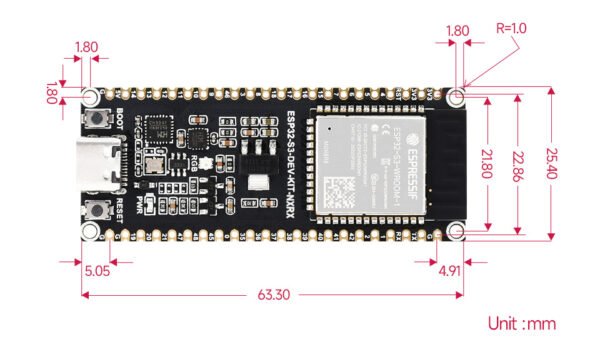 Dimensions de la carte ESP32-S3-WROOM-1